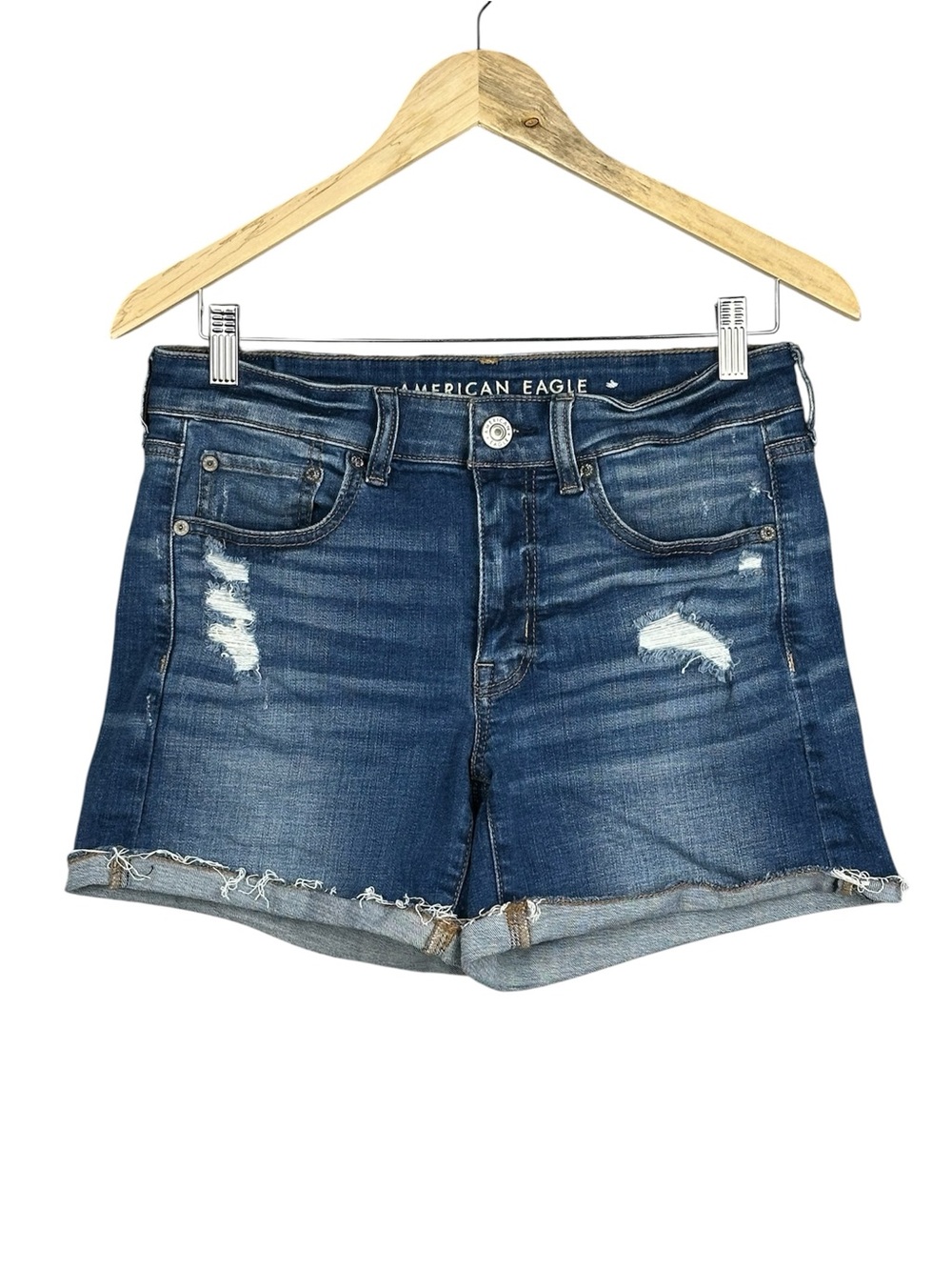 American Eagle Super Stretch Midi Blue Denim Jean Shorts Distressed - Size 8